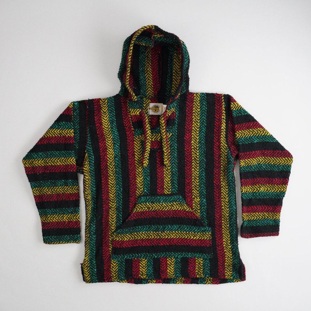 Earth Ragz Baja Joe Striped Woven Mexico Rasta Pullover Poncho Hoodie Men Size S
